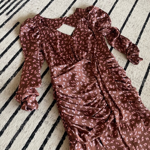 LUSH satin floral ruched Dress Womens Small Midi Asymmetrical Cut Out Back Brown - Picture 4 of 13